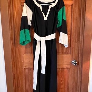 Greek Archaic Kori dress 100% linen color block tie waist size XS